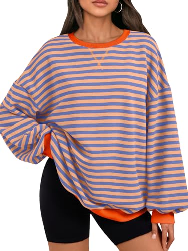 Trendy Queen Oversized Sweatshirt for Women 2025 Fall Crewneck Striped Long Sleeve Shirts Hoodies Cute Top Y2K Outfits SEPinkBlue L