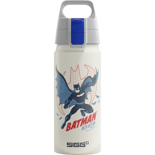 SIGG - Botella infantil - WMB ONE Batman Into Action White 0.6 L | Botella de agua para niños, Apta para bebidas con gas, A prueba de fugas, Superligera, Sin BPA, Deporte & Colegio, Blanco