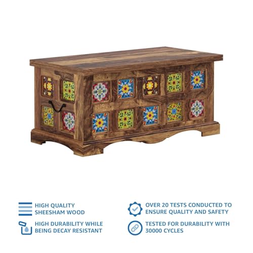 Image of Amazon Brand - Solimo Starlore Solid Sheesham Wood Storage Trunk | Wooden Box Chest for Clothes Linen Storage for Bedroom Living Room Home (Natural Finish)