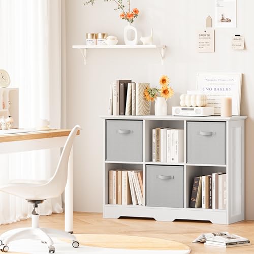 Image of 6 Cube Storage Organizer Shelf, Wood Cubby Storage with 3 Fabric Drawers, 2 Tier Wooden Bookshelf with 2 Adjustable Shelves & Fluted Side Panels for Bedroom, Living Room, Home Office, White