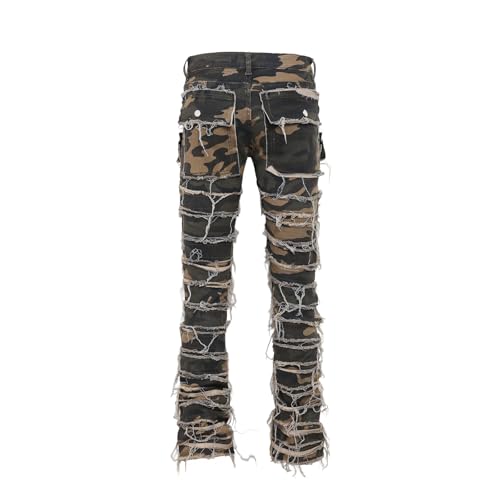 Men's Trendy Camouflage Stacked Splicing Elastic Mid Waist Workwear Pocket Jeans2