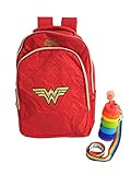 Kit Mochila Escolar Notebook Mulher Maravilha E Garrafa Retrátil Cores Arco Iris (Vermelho)