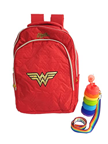 Kit Mochila Escolar Notebook Mulher Maravilha E Garrafa Retrátil Cores Arco Iris (Vermelho)