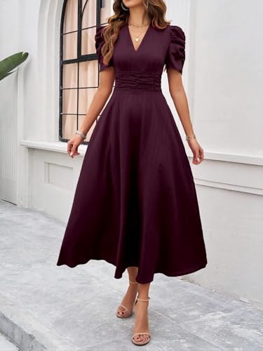 Image of Shasmi Girl's & Women's Solid Color V-Neck A-Line Maxi Dress for Women | New Year Party Outfit | Waist Cinched Puff Sleeve Western | Elegant Casual Wear (Dress 246)