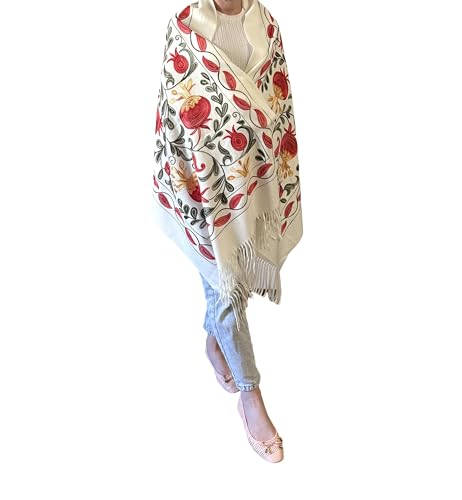 Authentic Floral Cashmere Scarf with Fringe, White and Red, Made in Uzbekistan