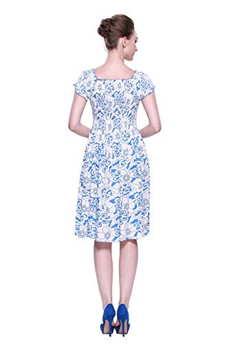 Women's Hawaiian Elastic Top Short Sleeve Dress In White With Blue Floral #TOP1