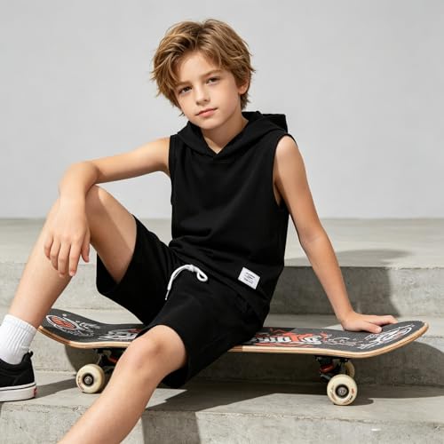 Image of Size 6-12 Years Boys Summer Clothes Hooded Sleeveless Tank Tops Workout Shorts 2 Piece Set Fashion Outfits