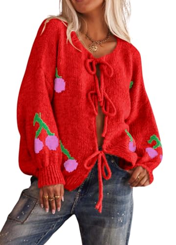 Image of chouyatou Women's Cute Y2K Cherry Tie Knot Cardigan Casual Loose Crewneck Chunky Knit Sweater Cardigan