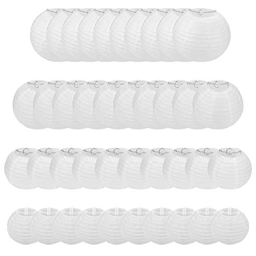 STARVAST 40 Pcs Lanternes en Papier Blanc - Lampion Papier Boule pour Mariages, Anniversaires, Fêtes et Événements - Assortiment de Tailles Rondes (4