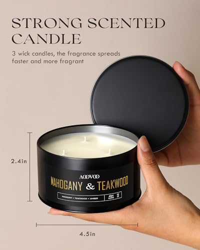 Image of AOOVOO 2 Pack Mahogany Teakwood Candles for Men - 3 Wick 24oz Black Candle | Long Lasting Soy Candles for Home Scented, Masculine Candle Gift for Father Day, Women & Men, Non Toxic, Large
