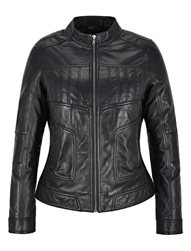 Veste en cuir véritable pour dames noir blouson motard 100% peau de mouton L-MVP