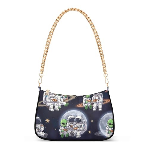 Astronauts Green Aliens Starry Print Shoulder Purses for Women Classic Formal Purse Hobo Chain Strap Zipper Cute Purses