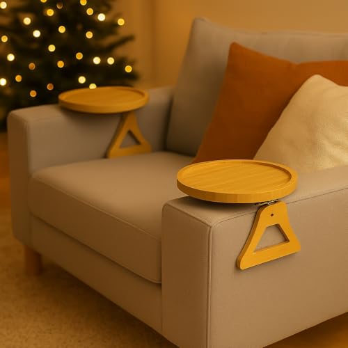 Image of Questsole Home Pack of 2 Round Sofa Armrest Tray - 10 Inch Bamboo Clip-On Couch Table for Coffee, Snacks, Remote & Phone with Adjustable Arm Clamp