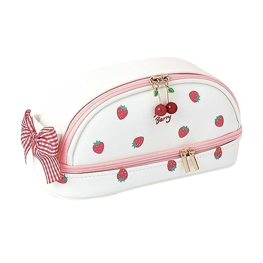 Image of M.F.H Strawberry Print Makeup & Pencil Pouch for Girls | Cute Pink Travel Cosmetic Bag with Bow, Dual Zipper & Spacious Storage | Stylish Stationery Organizer (Pack of 1)
