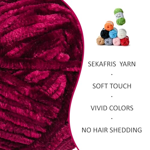 Image of 3 Pack Plush Chenille Chunky Yarn - Fluffy Velvet Yarn Crochet for Blanket Knitting and Crocheting - Soft Baby Yarns for Crocheting - Amigurumi Crochet Yarns 100g (87yds) (3 Burgundy)