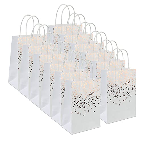 Bolsas de papel kraft para regalos, paquete de 12 bolsas de papel de regalo, bolsas de papel con asas, bolsa de papel kraft bronceado con adorno de corazón dorado, reutilizable para fiestas Cover
