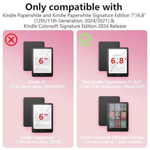 Lainergie Case for Kindle Paperwhite 7\"/6.8\" (12th/11th Gen, 2024/2021) & Kindle Colorsoft Signature Edition 2024, Slim PU Shell Cover with Stand, Hand Strap, Auto-Wake/Sleep Feature Not for TCL, Pink