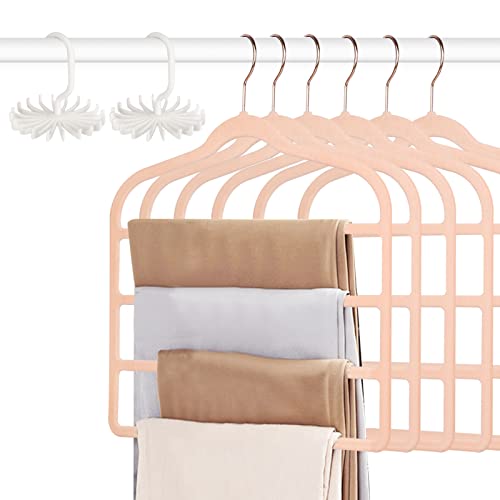 Tinfol Velvet Pants Hanger Space Saving With Hook, 6Pc 4 Layers Non-Slip Jeans Hangers, Pink Multiple Clothes Hangers Closet Storage Organizer For Pants Jeans Scarf Towels Tie Towel #TOP10