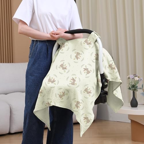 Image of 100% Muslin Cotton Car Seat Cover Baby, Carseat Canopy Cover, Universal Fit Stroller Covers for Boys and Girls (Cute Rabbit)