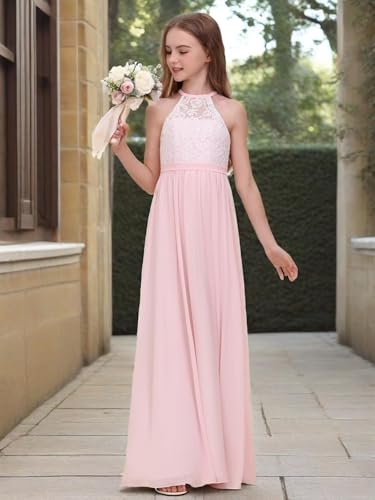 Chiffon Junior Bridesmaid Dress for Wedding Lace Applique Halter Sleeveless A-Line Long Formal Flower Girl Dress3