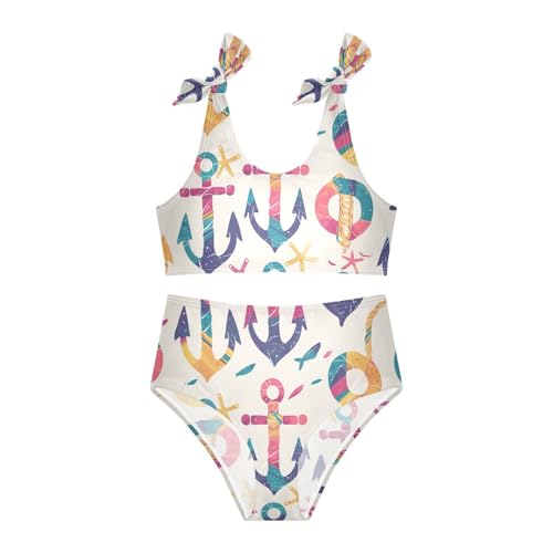 Ocean Themed Simple Anchors Girl 2 Piece Kids Bikini Set Scoop Neck Bathing Suit Swimming Suits Cute Shoulder Strap3