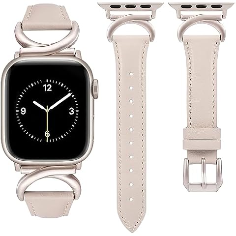 Minyee Leather Band Compatible with Apple Watch Bands 41mm 40mm 38mm 44mm 45mm 42mm 49mm Women, Slim Thin Dressy Designer Strap with C-Shape Metal Buckle for iWatch Ultra 2, Series Cover
