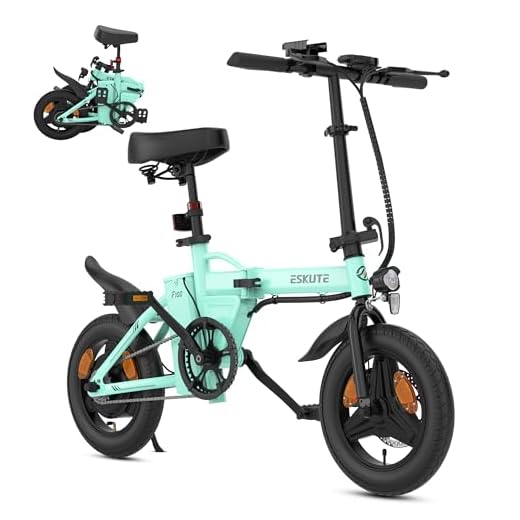 ESKUTE F100 E-Bike Klapprad, 14 Zoll Elektrofahrrad mit USB-Ladeanschluss für Handy, 250W EU-konformes Elektrofahrräder, Integrierter 36V 9Ah Akku, Reichweite bis 25-50KM, Blaugrün
