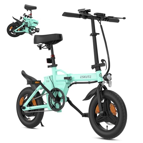 ESKUTE F100 E-Bike Klapprad, 14 Zoll Elektrofahrrad mit USB-Ladeanschluss für Handy, 250W EU-konformes Elektrofahrräder, Integrierter 36V 9Ah Akku, Reichweite bis 35-60KM, Blaugrün