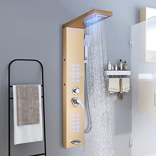 Fcoteeu Shower Panel Tower System Bathroom Shower Tower With Led Rainfall Waterfall Shower Head Body Massage Jet Areas Handheld Shower Tub Spout Stainless Steel Shower Column Brushed Gold #TOP6