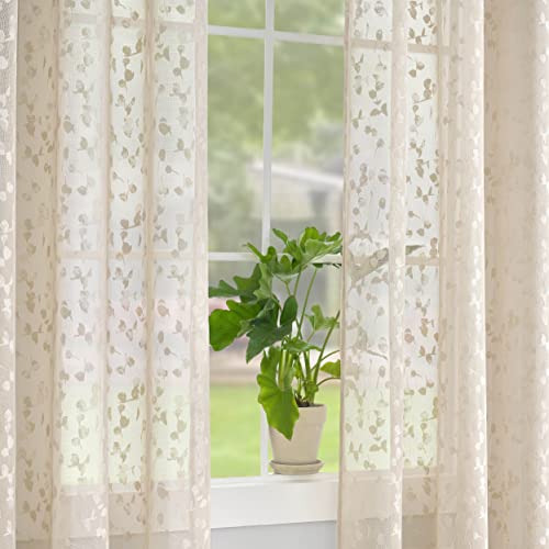 Lace Sheer Curtain for Living Room Bedroom Beige Leaf Buds Pattern 54 Inch Length Drapes Light Filtering Embroidery Elegant Window Treatment Sets for Basement Laundry Room Rod Pocket - Image 3