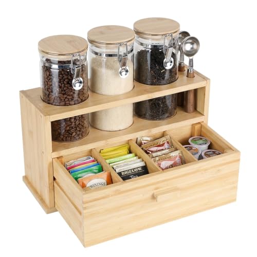 KKC HOME ACCENTS Bamboo Tea Station Organizer Set with 3 Glass Jars Drawer