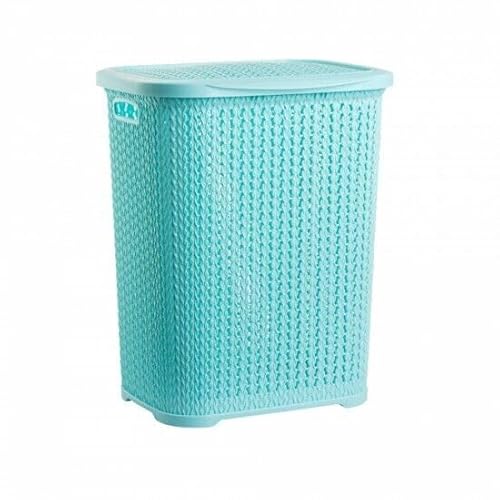 Oms Home Store Blue Plastic Laundry Basket Clothes Washing Bin Storage Knitted Hamper Organiser (, Tall)
