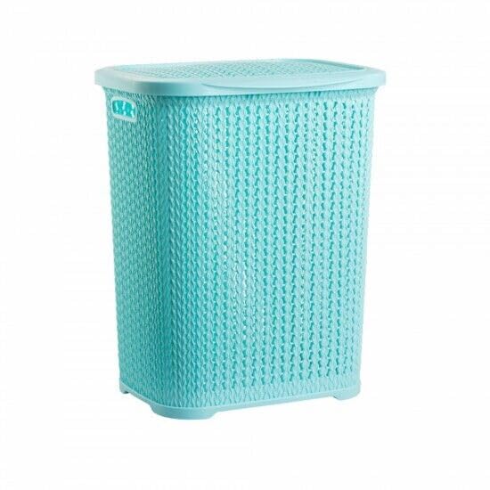 Plastic Laundry Basket Clothes Washing Bin Storage Knitted Hamper Organiser (Blue, Tall)