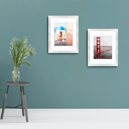 Image of Frametory, 11x14 Picture Frame with Mat for 8x10 Photo - High Definition Glass Wide Molding - Preinstalled Wall Mounting Hardware (Silver, 2 Pack)