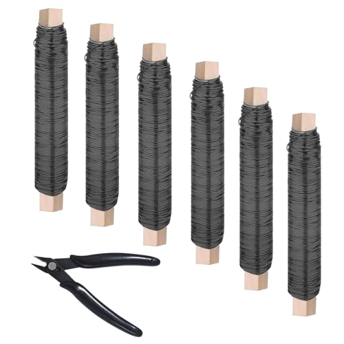 UCFBWO Lot de 6 fils d'enroulement pour fleurs, 0,7 mm × 35 m, fil de liaison, avec coupe-fil, fil pour fleurs, bobinage noir, fil de bricolage pour fixation de fleurs et plantes, couronnes et art