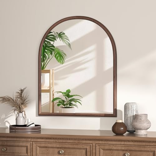 Image of 28 inchx32 inch Arch Wall Mirror for Wall, Wall Mounted Vanity Mirror for Bedroom, Wood Grain Finish Frame Mirror with Tempered Glass, Vintage Decorative for Bathroom, Entryway, Living Room, Walnut