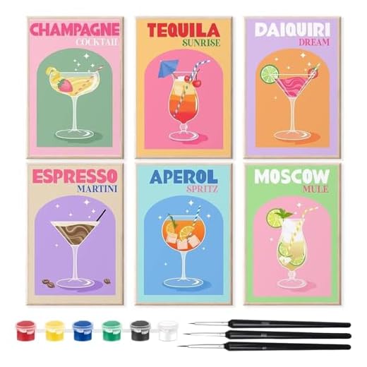 Pluvyze Lot de 6 verres à vin avec numéros - Thème cocktail rétro - Avec 6 peintures acryliques de 3 ml et 3 stylos de peinture à l'huile noirs - Un cadeau créatif pour vos amis (21 x 30 cm)