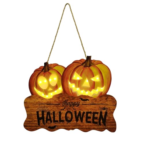 Letrero de madera de feliz Halloween, decoraciones de Halloween, letrero de madera para colgar en la pared de Halloween, puerta de entrada con luz, decoración Placas Calefactoras Ropa (Brown, 30x24cm)