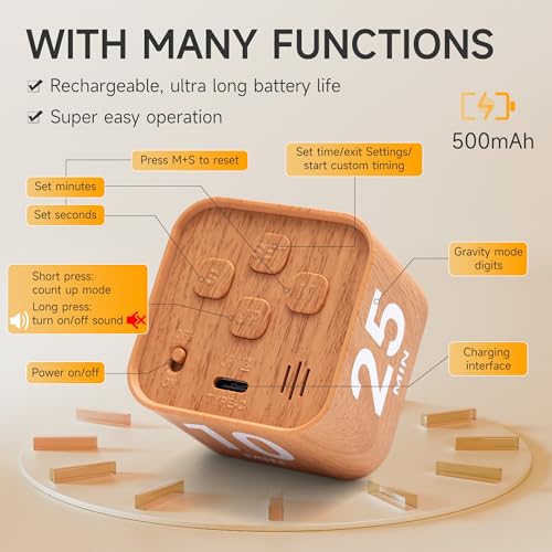 Exlliy Rotating Productivity Timer 5, 25, 10, 50 Minutes Preset, Desk Cube w/Gravity Sensor for ADHD, Mute Functions, Ideal for Work, Study, Kitchen, Back to School (1, Wood Grain Finish) - Image 5
