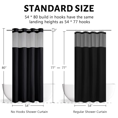 Image of Furlinic No Hook Waffle Weave Shower Curtain with Snap in Liner Set,Heavy Duty Fabric Textured Bathroom Curtain with Sheer Window,Waterproof & Machine Washable,Black,Stall Size 54x80 Inch