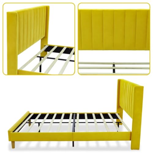 Image of Low Profile Upholstered Platform Bed with Winback Headboard | Bed King Size | Bed Without Storage | Upholstered Beds King Size | Mattress not Included | Yellow