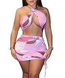 Women's Sexy Print Cut Out Backless Halter Neck Tops Side Ruffle Mini Skirts Sets Party Beachwear Pink Medium