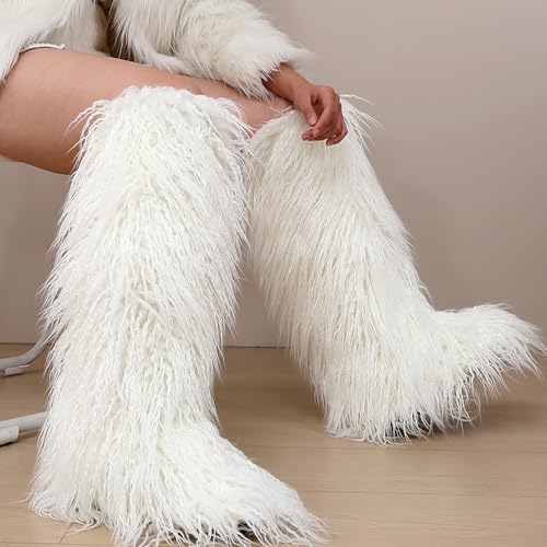 Image of Valpeak Faux Fur Tall Furry Boots for Womens,Long Winter Boots for Girls,Mongolian Fluffy Boots for Kids Fuzzy Knee-High Boots
