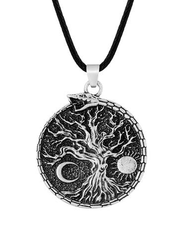 HAQUIL Viking Necklace, Sun Crescent Moon Yggdrasil Ouroboros Jormungandr Midgard Serpent Pendant, Faux Leather Cord, Viking Jewelry Gift