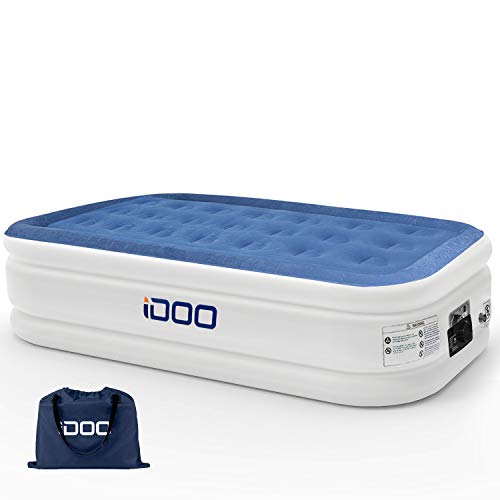 iDOO Twin Air Bed with Built-in Pump Inflatable Blow Up Air Mattress for Guest Family Camping Premium Soft Flocked Top with Storage Bag and Repair Patches Size 74 x 39 x 18 inch Blue