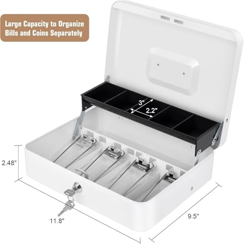 Sumerfnt Cash Box with Lock and Money Tray Money Box for Cash, Metal Lock Box for Money Cash Register - 11.8\" x 9.4\" x 3.54\" White