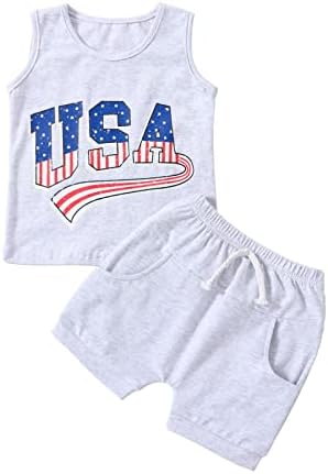 4th of July Baby Boy Girl Outfit Sleeveless American Flag Shirt Tank Tops Casual Elastic Shorts Summer Clothes Sets (A-Gray, 2-3 Years)