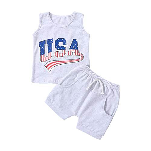 Engofs 4Th Of July Baby Boy Outfit Sleeveless American Flag Print Tank Top T-Shirts Shorts Set Toddler Independence Day Clothes Grey 0-6 Months #TOP8