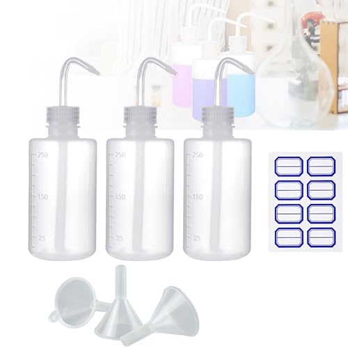 Frypay Lot de 3 flacons pissettes de 250 ml, livrés avec 3 entonnoirs et 1 étiquette pour bouteille de laboratoire, bouteille de lavage, flacon pulvérisateur, en plastique transparent, pour le