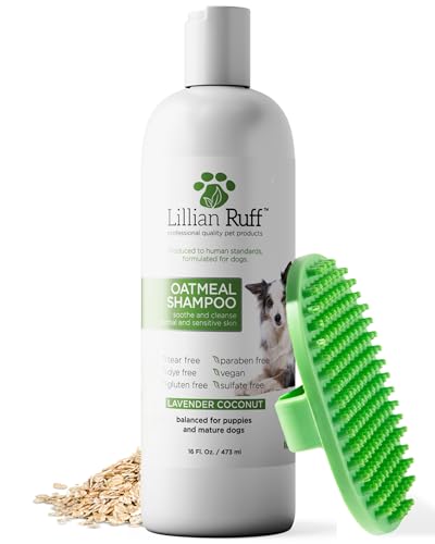 Lillian Ruff PRO Formula Deodorizing Oatmeal Dog Shampoo - Calms Itching & Allergies, Ultra-Nourishing Dry Skin Relief - Oatmeal, Aloe, Coconut Oil, Lavender & Provitamin B5 - Made in USA 16oz+Brush